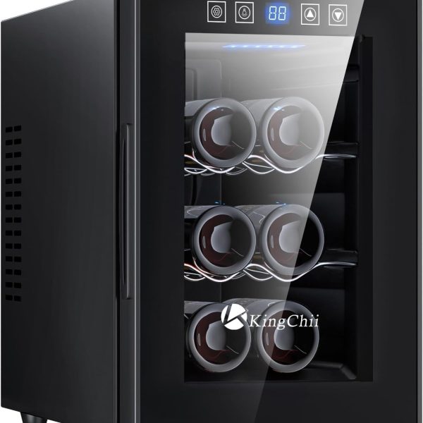 KingChii 6 Bottle Thermoelectric Wine Cooler Refrigerator Advanced Cooling Technology, Stainless Steel & Tempered Glass For Red Wine, Champagne for Home, Kitchen, or Office