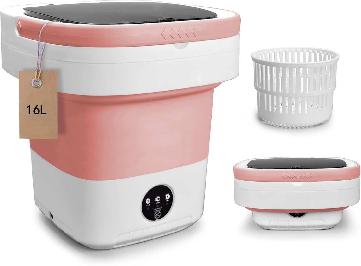 Portable Washing Machine, Mini 16L Foldable Washer and Dryer with Portable Washing Machine, Mini 16L Foldable Washer and Dryer with 3 Modes Deep Cleaning, Upgraded Small Collapsible Laundry for Hotel, Apartment, Home and Travel - Pink