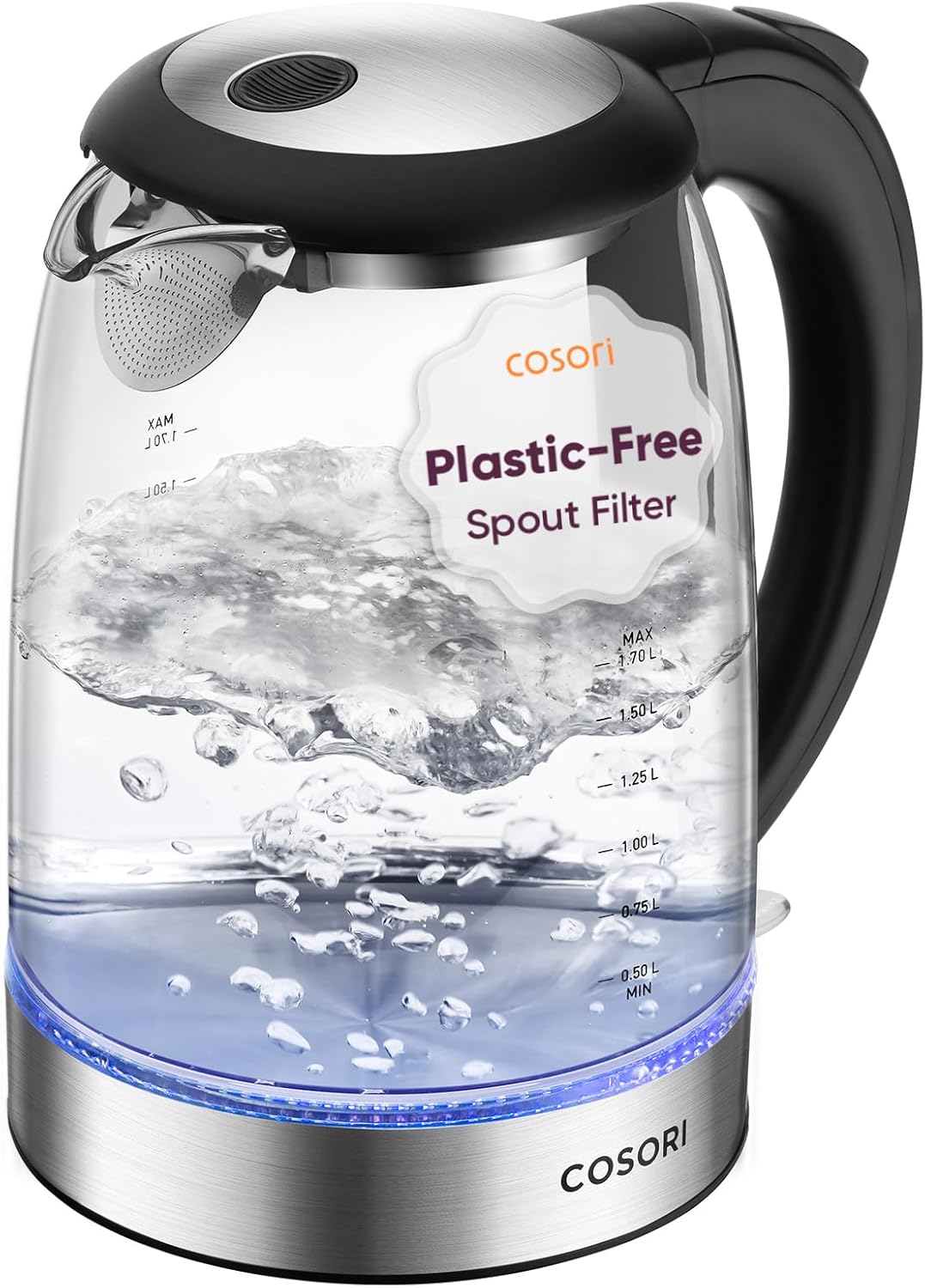 Cosori Electric Kettle, No Plastic Filter & Spout, 1.8Qt Tea Cosori Electric Kettle, No Plastic Filter & Spout, 1.8Qt Tea Kettle & Hot Water Boiler For Coffee & Tea, Water Heater & Teapot, Automatic Shut Off, Borosilicate glass, Black, 1500W