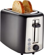 Amazon Basics 2 Slice Toaster, With 6 Browning Settings, Extra Wide Slots For Bagels and Special Breads, Removable Easy-to-Clean Crumb Tray, Cancel/Defrost/Bagel Buttons, 900W, Black & Silver