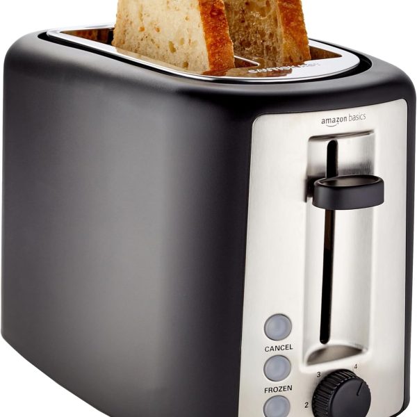 Amazon Basics 2 Slice Toaster, With 6 Browning Settings, Extra Wide Slots For Bagels and Special Breads, Removable Easy-to-Clean Crumb Tray, Cancel/Defrost/Bagel Buttons, 900W, Black & Silver