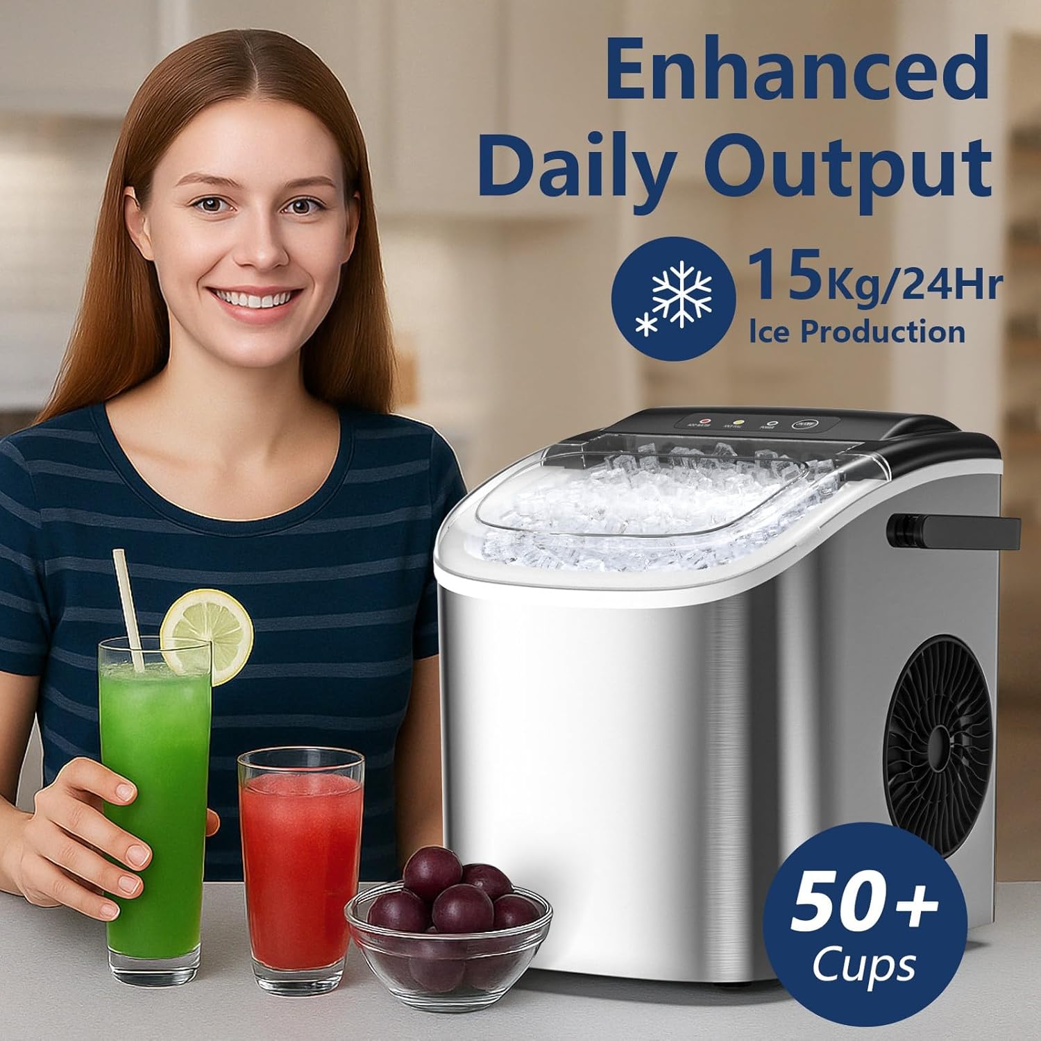 Portable Bullet Ice Maker Machine, One-Click Operation Ice Machine 34LBS/24Hr Portable Bullet Ice Maker Machine, One-Click Operation Ice Machine 34LBS/24Hr Production, 6-8 Minutes Quick Ice Making, 1.2L Water Tank, Silver