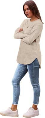 Saloogoe Long Sleeve Shirts for Women 2025 Fall Clothes Tunic Tops Loose Fit Dressy Crewneck Pullover Sweaters Curved Hem - Image 3