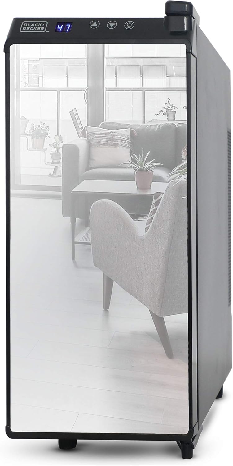 BLACK+DECKER Wine Fridge 12 Bottles, Thermoelectric Wine Cooler Refrigerator with BLACK+DECKER Wine Fridge 12 Bottles, Thermoelectric Wine Cooler Refrigerator with Mirrored Front, Freestanding 12 Bottle Wine Fridge, BD60336