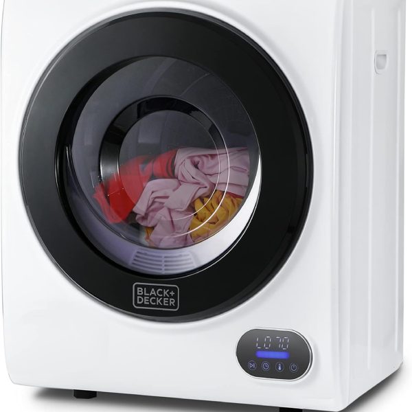 BLACK+DECKER 1.5 Cu. Ft. Compact Dryer, 5.5 lb. Capacity, 850W 120V Vented Electric Drying Machine with Stainless Steel Drum, Portable Dryer for Laundry for Standard Wall Outlet, BCED15, White