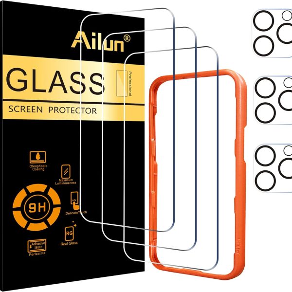Ailun 3 Pack Screen Protector for iPhone 16 Pro Max [6.9 inch] + 3 Pack Camera Lens Protector with Installation Frame,Sensor Protection,Dynamic Island Compatible,Case Friendly Tempered Glass Film