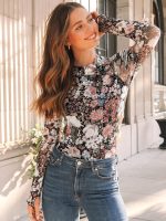 Dealmore Lace Sheer Long Sleeve Floral Mesh Mockneck Trendy Cute Going Out Tops for Women Fall Fashion Outfits 2025 Clothes - Image 5