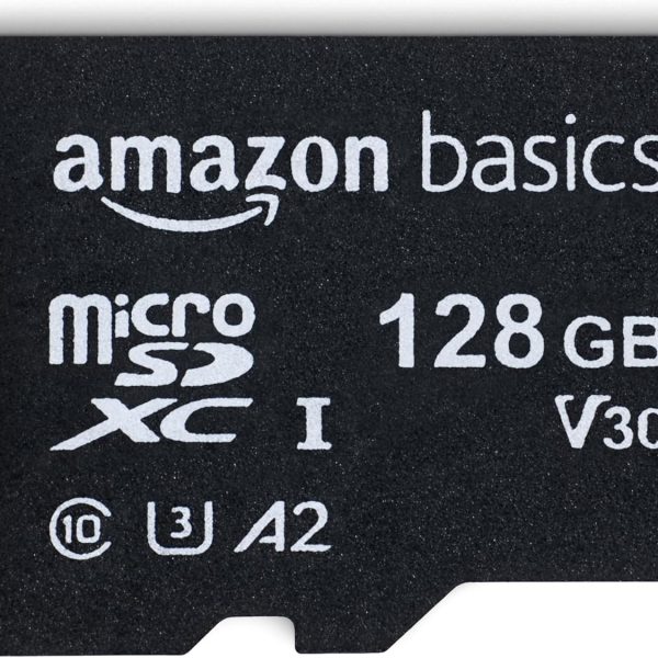 Amazon Basics Micro SDXC Memory Card with Full Size Adapter, A2, U3, Read Speed up to 100 MB/s, 128 GB, Black