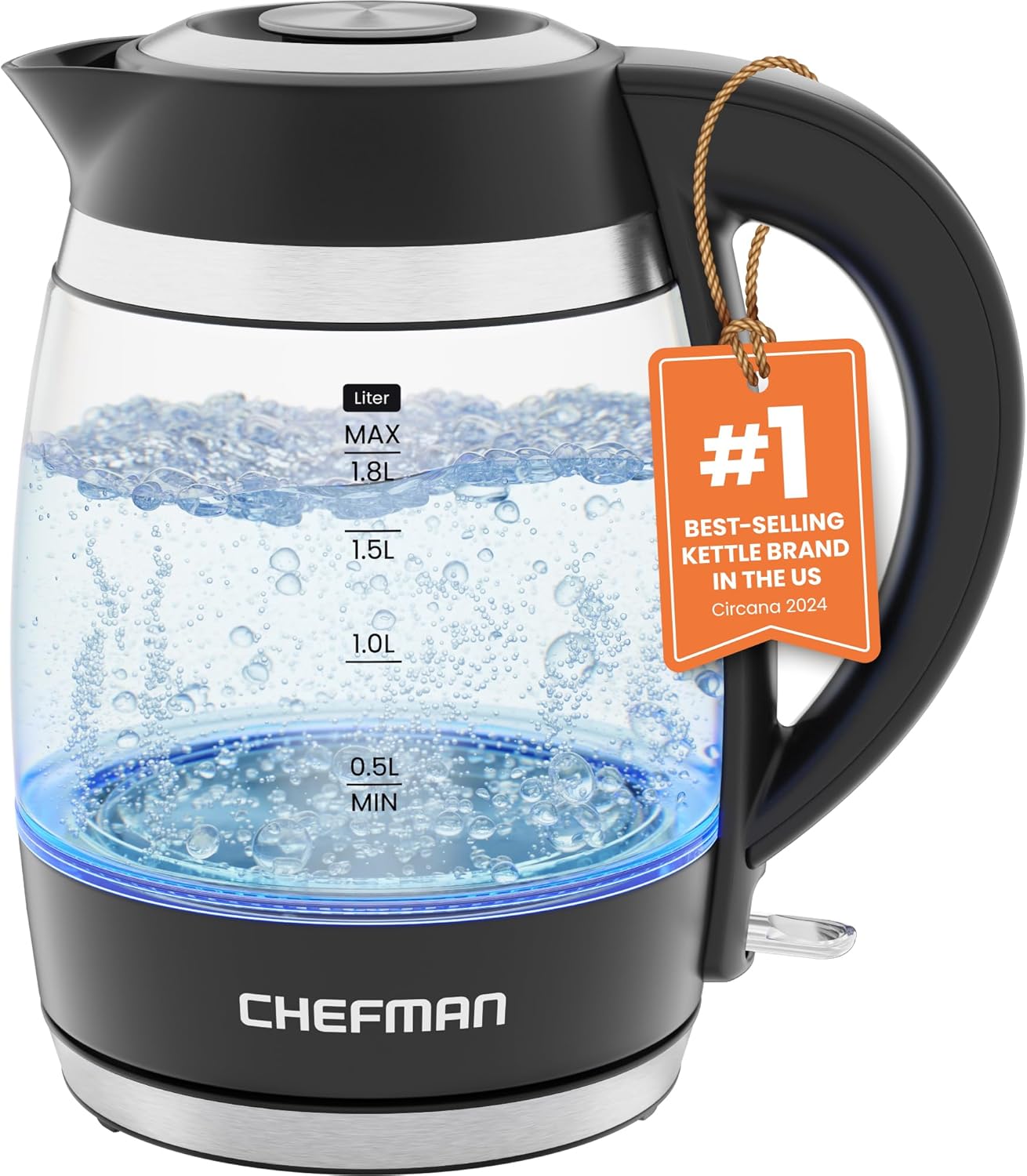 Chefman Electric Kettle, 1.8L 1500W, Hot Water Boiler, Removable Lid Chefman Electric Kettle, 1.8L 1500W, Hot Water Boiler, Removable Lid for Easy Cleaning, Auto Shut Off, Boil-Dry Protection, Stainless Steel Filter, BPA Free, Borosilicate Glass Electric Tea Kettle