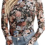 Dealmore Lace Sheer Long Sleeve Floral Mesh Mockneck Trendy Cute Going Out Tops for Women Fall Fashion Outfits 2025 Clothes