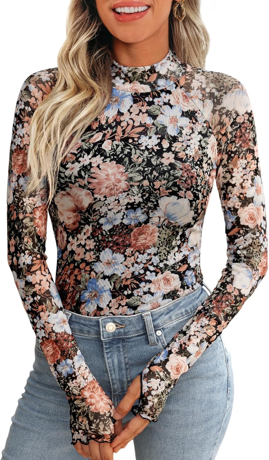 Dealmore Lace Sheer Long Sleeve Floral Mesh Mockneck Trendy Cute Dealmore Lace Sheer Long Sleeve Floral Mesh Mockneck Trendy Cute Going Out Tops for Women Fall Fashion Outfits 2025 Clothes