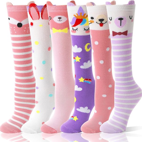 MOGGEI 6 Pairs Kids Girls Knee High Socks Gift Long Crazy Silly Tall Funny Boot Cute Animal Child Fun Socks