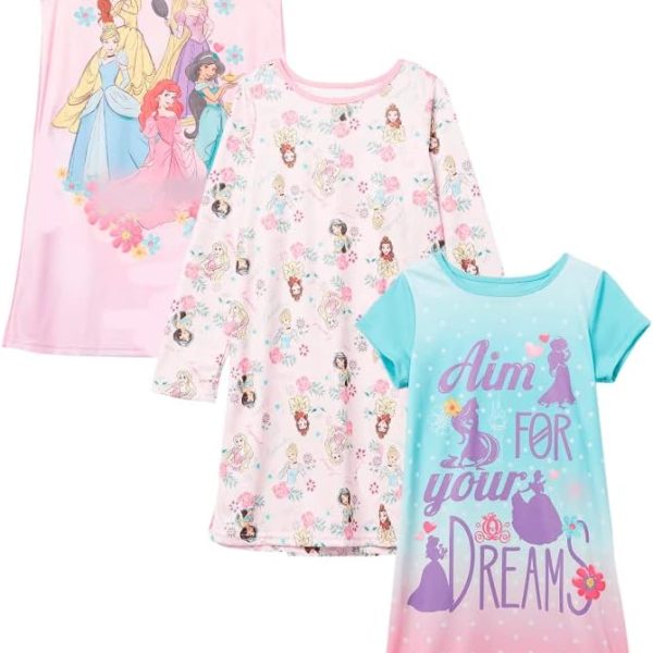 Disney Princess Girls' 3-Pack Princess Nightgowns, Fantasy Gown, Soft & Cute Pajamas for Kids
