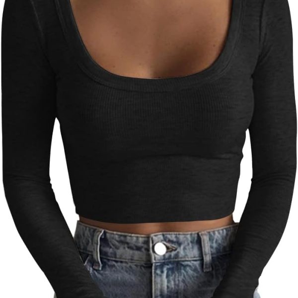 Artfish Women's Square Neck Long Sleeve Ribbed Slim Fitted Casual Basic Crop Top