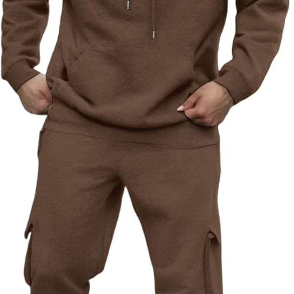 Mens Sweatsuits 2 Piece Set Fleece Hoodies and Cargo Sweatpants Set Casual Athletic Tracksuits Winter Jogging Suit