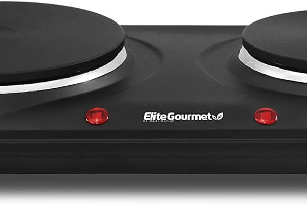 Elite Gourmet EDB-302BF Countertop Double Cast Iron Burner, 1500 Watts Electric Hot Plate, Temperature Controls, Power Indicator Lights, Easy to Clean, Black
