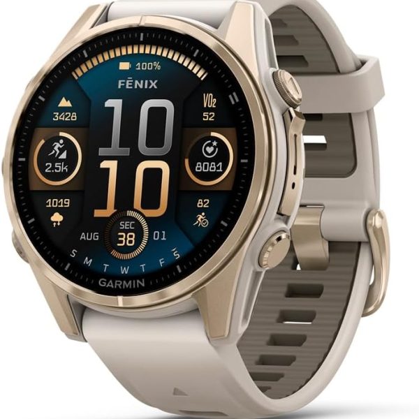 Garmin fēnix® 8 – 43mm, AMOLED, Sapphire, Premium Multisport GPS Smartwatch, Long-Lasting Battery Life, Dive-Rated, Built-in LED Flashlight, Soft Gold with Dark Sandstone Band