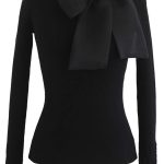CHICWISH Women Bow Tied Long Sleeve Knit Top Mock Neck Slim Fitted Elegant Blouses Top Solid Wrap Pullover Tops