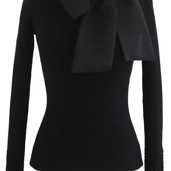 CHICWISH Women Bow Tied Long Sleeve Knit Top Mock Neck Slim Fitted Elegant Blouses Top Solid Wrap Pullover Tops