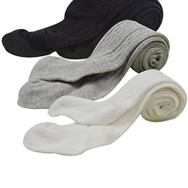 Girl Tights Thick Cable Knit Leggings Stockings Cotton Pantyhose 3 Pairs for 6-8 Years Little Girl Black White Grey