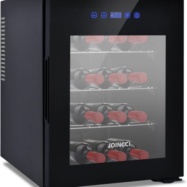 12 Bottles Wine Cooler Refrigerator 46℉-60℉Temperature,Thermoelectric Mini Countertop Wine Fridge with Double-Layer Tempered Glass Door Wine Cellar for Red Wine for Home,Kitchen or Office