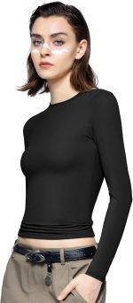 PUMIEY Women's Long Sleeve T Shirts Crew Neck Slim Fit Tops Sexy Basic Tee Smoke Cloud Pro Collection - Image 3