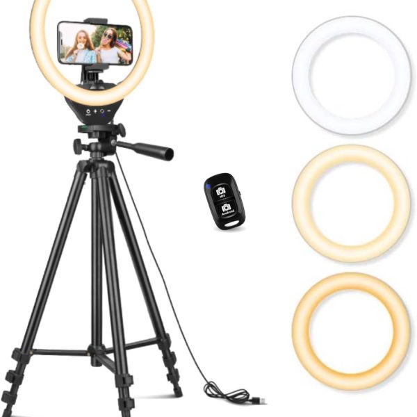 Sensyne 10'' Ring Light with 50'' Extendable Tripod Stand, LED Circle Lights with Phone Holder for Live Stream/Makeup/YouTube Video/TikTok, Compatible with All Phones