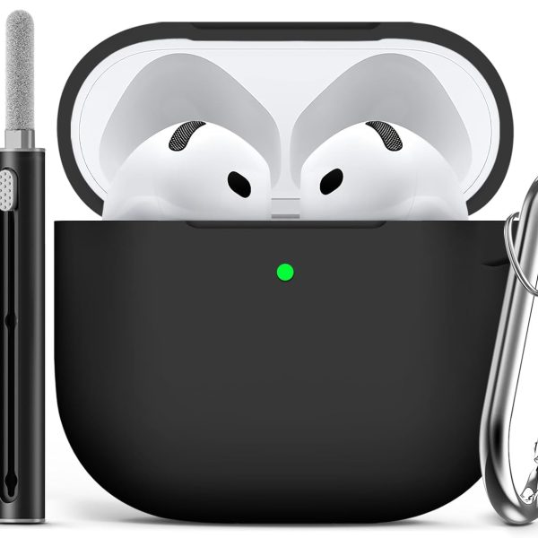 Ljusmicker for AirPods 4 Case Cover 2024 with Cleaner Kit,Soft Silicone Protective Cover for Apple AirPods 4th Generation Cases for Women Men,AirPod 4 Case Accessories with Keychain-Black