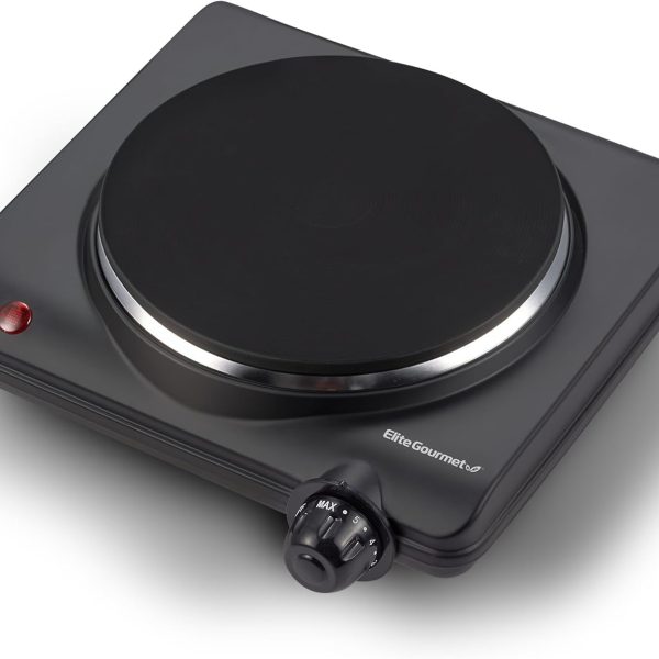 Elite Gourmet ESB-301BF# Countertop Single Cast Iron Burner, 1000 Watts Electric Hot Plate, Temperature Controls, Power Indicator Lights, Easy to Clean, Black
