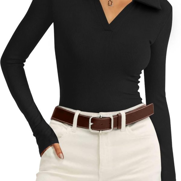 WIHOLL Womens Polo Shirts Long Sleeve Business Casual Tops Collared V Neck Ribbed Knit Sweater Slim Fit Blouses
