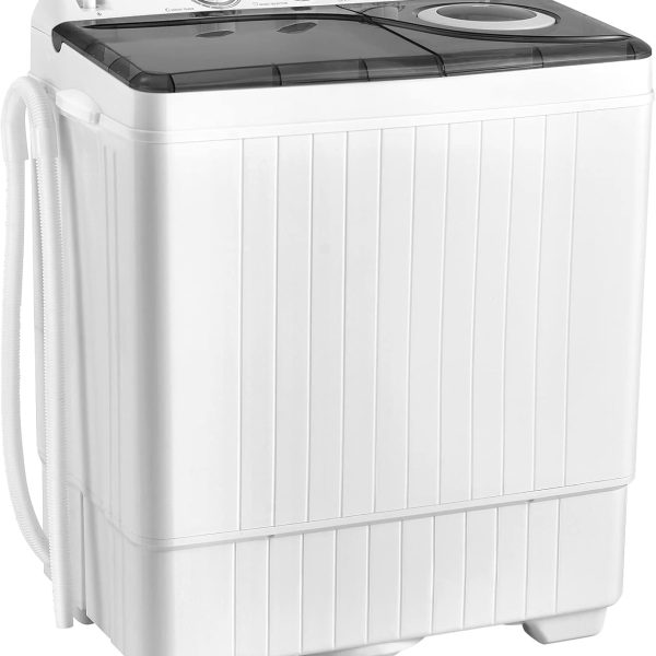 COSTWAY Portable Washing Machine, Twin Tub 26lbs Capacity Laundry, 18lbs Washer and 8lbs Spinner Combo with Timer Knobs, Built-in Drain Pump, Compact Washer for Home Dorm Apartment (Grey+White)