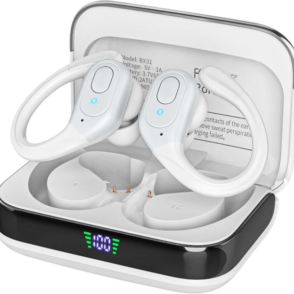 Bluetooth Headphones Wireless Earbuds with 75Hrs Playback, LED Display Charging Case, IPX7 Waterproof, Over-Ear Design Ear Buds for Sports/Running/Workout - White
