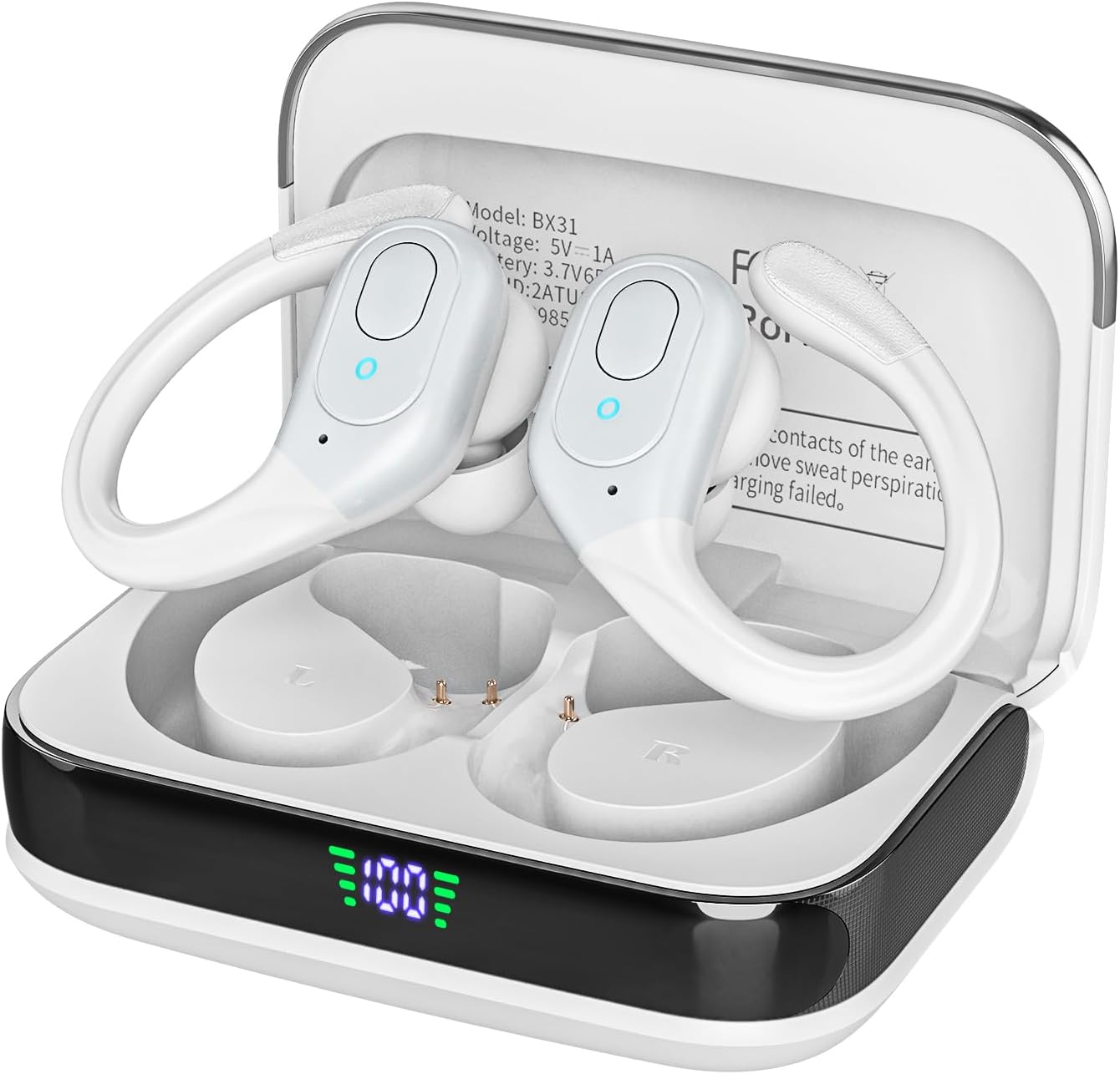 Bluetooth Headphones Wireless Earbuds with 75Hrs Playback, LED Display Charging Bluetooth Headphones Wireless Earbuds with 75Hrs Playback, LED Display Charging Case, IPX7 Waterproof, Over-Ear Design Ear Buds for Sports/Running/Workout - White