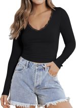 PINKMSTYLE Women Sexy V Neck Lace Long Sleeve Shirts Basic Fitted Double Lined Going Out Y2K Trendy Fall Tops - Image 3