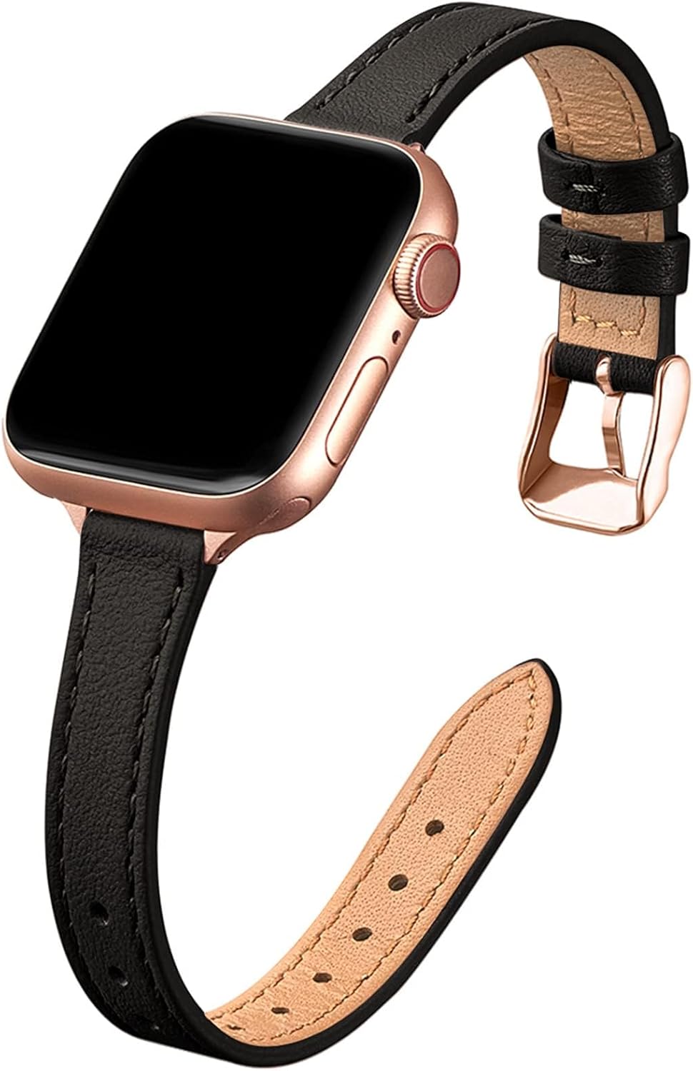STIROLL Slim Leather Bands Compatible with Apple Watch Band 38mm STIROLL Slim Leather Bands Compatible with Apple Watch Band 38mm 40mm 41mm 42mm(Series 11 10), Top Grain Leather Watch Thin Wristband for iWatch SE 9 8 7 6 5 4 3 2 1 (Black Rose Gold)