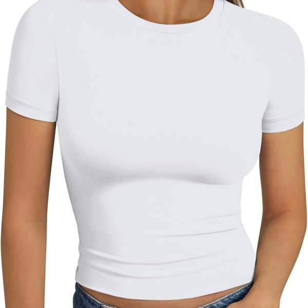 Trendy Queen Womens Short Sleeve T Shirts Summer Crop Tops Basic Slim Fit Gym Workout Y2k Clothes