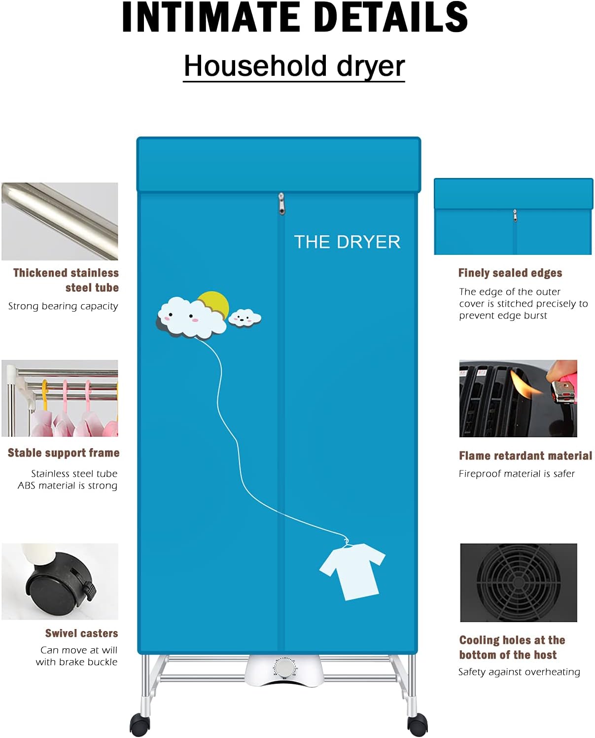 Portable Dryer, 110V 1000W Electric Clothes Dryer Machine, Double Layer Stackable, Stainless Steel, Blue, 15kg Capacity, Front Load, Ideal for Apartments, RV, Families, Campers 6 Portable Dryer, 110V 1000W Electric Clothes Dryer Machine, Double Layer Stackable, Stainless Steel, Blue, 15kg Capacity, Front Load, Ideal for Apartments, RV, Families, Campers - Image 6