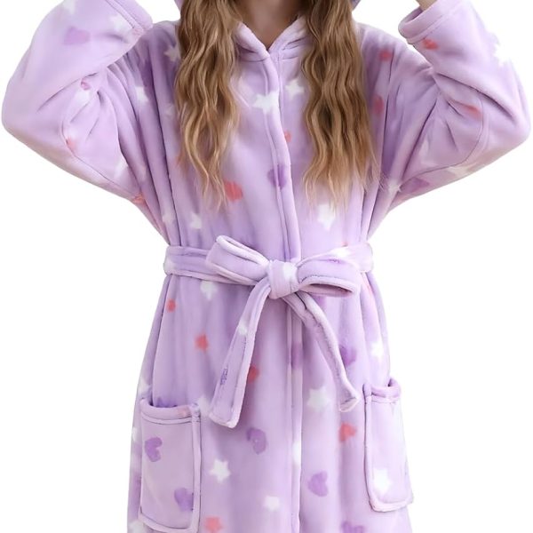 V.&GRIN Girls Fleece Hooded Robe, Kids Soft Plush Warm Printed Bathrobe Sleepwear Gifts for 5-14 Years