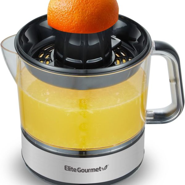 Elite Gourmet ETS623 BPA-Free Electric Citrus Juicer, Compact, Large Volume, Pulp Control, Oranges, Lemons, Limes, Grapefruits with Easy Pour Spout, 24oz, Black/Stainless Steel
