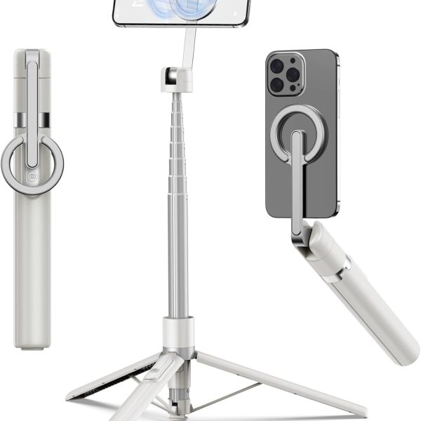 TONEOF 68" Magnetic Selfie Stick Tripod with Aluminum Strong Magnetic Holder for Magsafe, 360° Rotatable Travel Phone Tripod Stand with Metal Ring & Rechargeable Remote for iPhone/Android(Beige Gray)