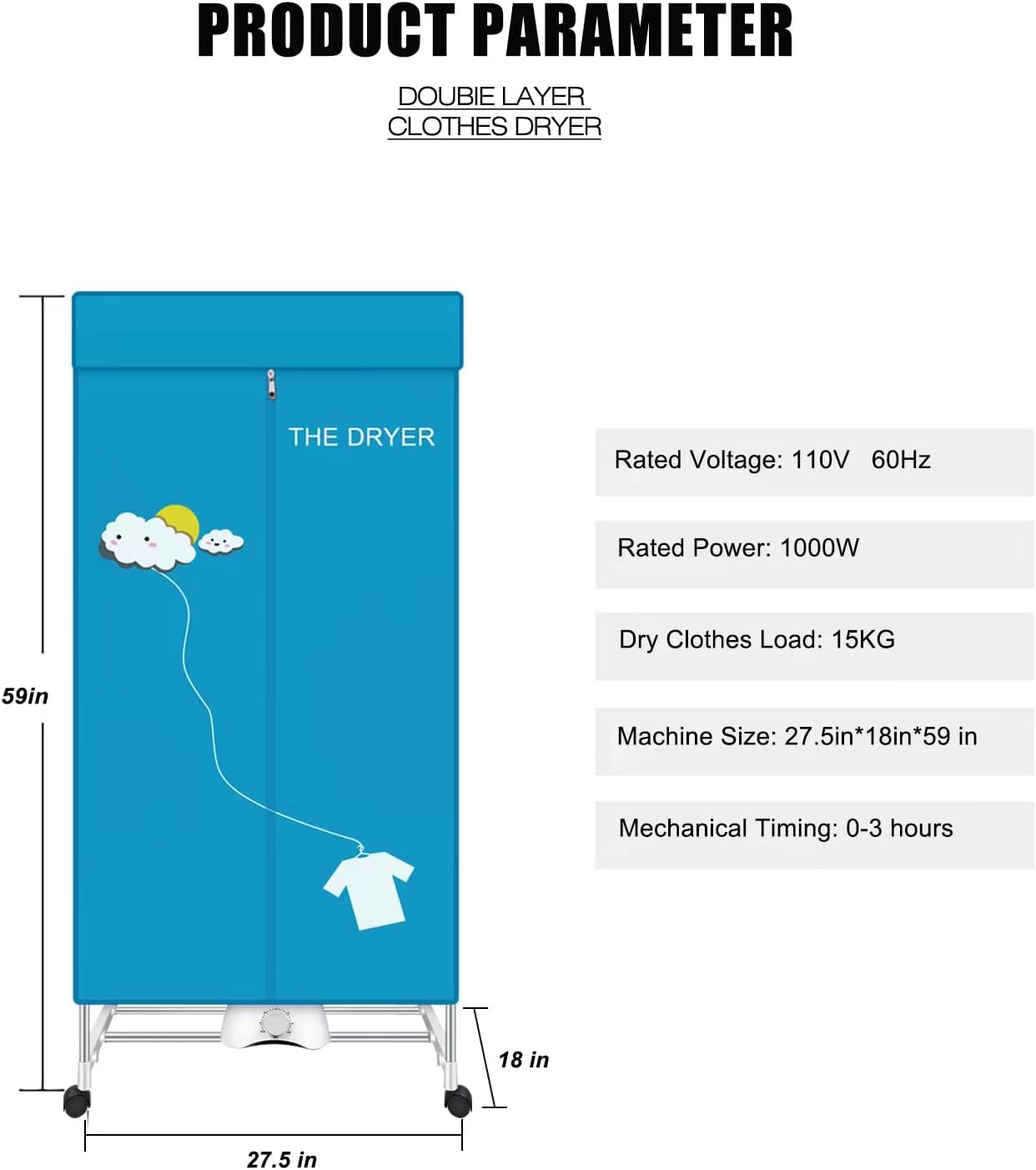 Portable Dryer, 110V 1000W Electric Clothes Dryer Machine, Double Layer Stackable, Stainless Steel, Blue, 15kg Capacity, Front Load, Ideal for Apartments, RV, Families, Campers 2 Portable Dryer, 110V 1000W Electric Clothes Dryer Machine, Double Layer Stackable, Stainless Steel, Blue, 15kg Capacity, Front Load, Ideal for Apartments, RV, Families, Campers - Image 2