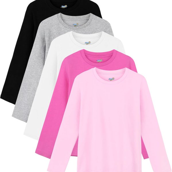 Semois 5 Pack Girls Long Sleeve Shirts Soft Cotton Crewneck Girls' Basic Long-Sleeve T-Shirts Toddlers' Tagless Tees