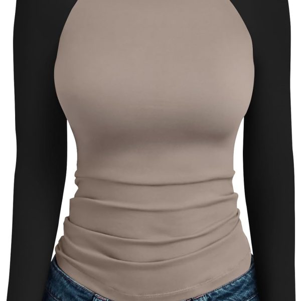 Trendy Queen Women's Long Sleeve Shirts Slim Fit Stretchy Color Block Slightly Cropped Tops