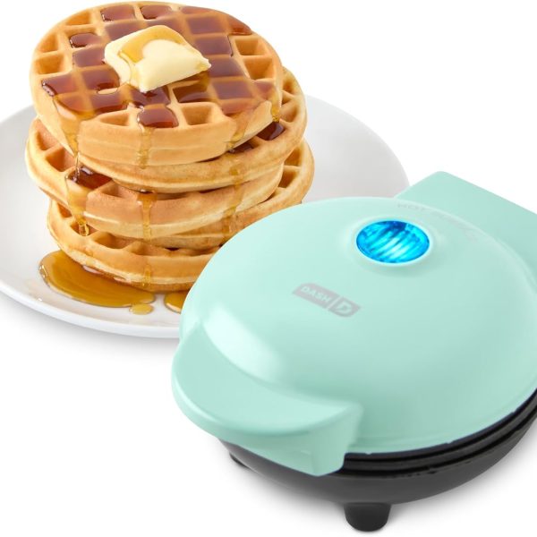 DASH Mini Waffle Maker - 4” Waffle Mold, Nonstick Waffle Iron with Quick Heat-Up, PTFE Nonstick Surface - Perfect Mini Waffle Maker for Kids and Families, Just Add Batter (Aqua)