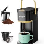 Single Serve One Cup Coffee Maker, for K Cups and Grounds, Mini Coffee Maker with Portable Handle, 6 to 12 Oz Brew Size, for Travel, Camping, Office, RV and Dorm, 120V, Black and Gold