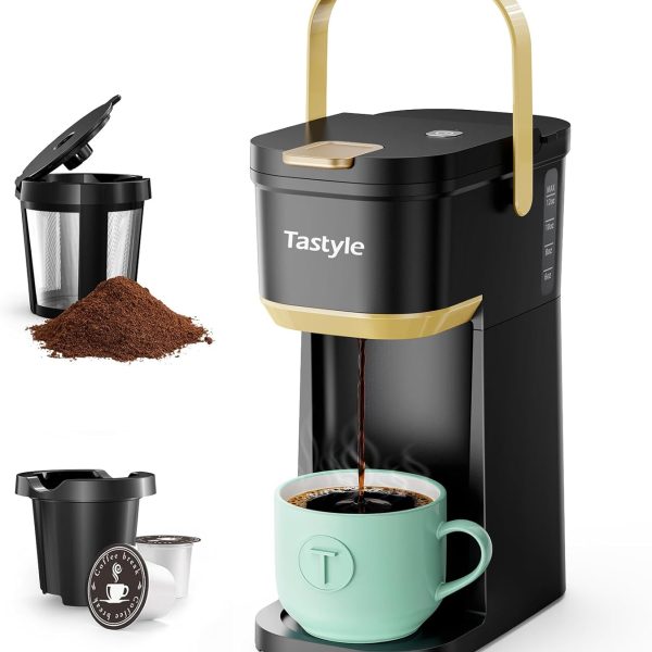 Single Serve One Cup Coffee Maker, for K Cups and Grounds, Mini Coffee Maker with Portable Handle, 6 to 12 Oz Brew Size, for Travel, Camping, Office, RV and Dorm, 120V, Black and Gold