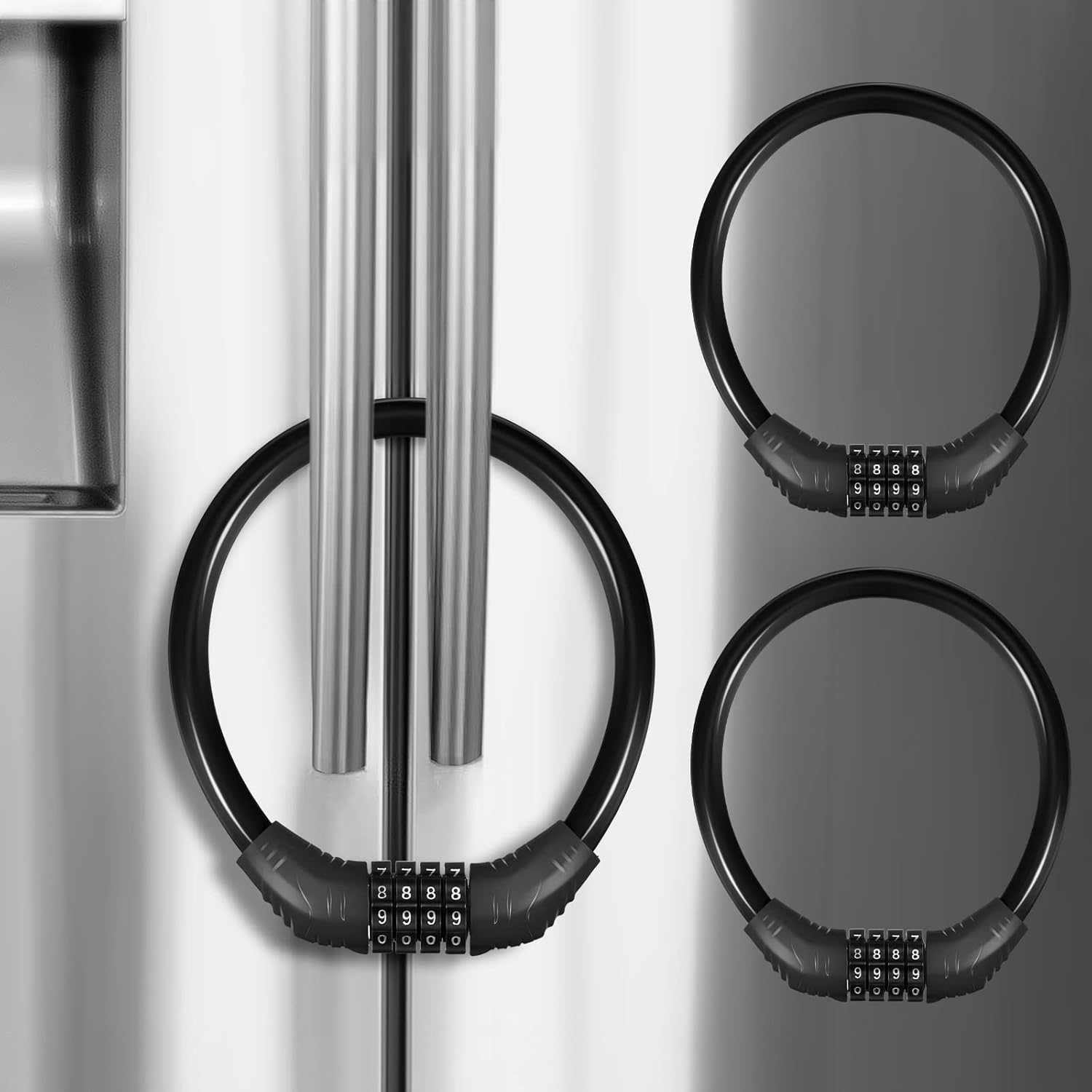 Hestya 3 Pieces Fridge Freezer Refrigerator Cabinet Lock, 10000 Combinations Hestya 3 Pieces Fridge Freezer Refrigerator Cabinet Lock, 10000 Combinations Safety Locks for French Doors, Safe Strap Kitchen Bathroom Doors Rv No Screw Fridge Lock(Black)
