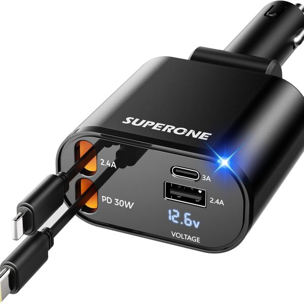 【Upgraded】 SUPERONE Retractable Car Charger 4 in 1, Fast Car Phone Charger with Cord 2.6ft, USB C and Apple Car Adapter, Compatible with iPhone 17 16 15/15 Pro Max/14/13/12/11, Galaxy, Pixel