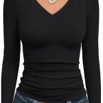 Trendy Queen Long Sleeve Shirts for Women 2025 Fall Fashion V Neck Basics Crop Tops Slim Fitted Y2K Tops Outfits Clothes