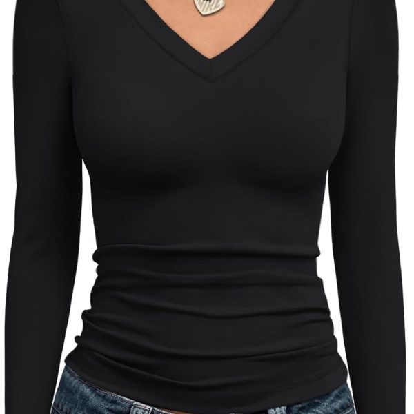 Trendy Queen Long Sleeve Shirts for Women 2025 Fall Fashion V Neck Basics Crop Tops Slim Fitted Y2K Tops Outfits Clothes